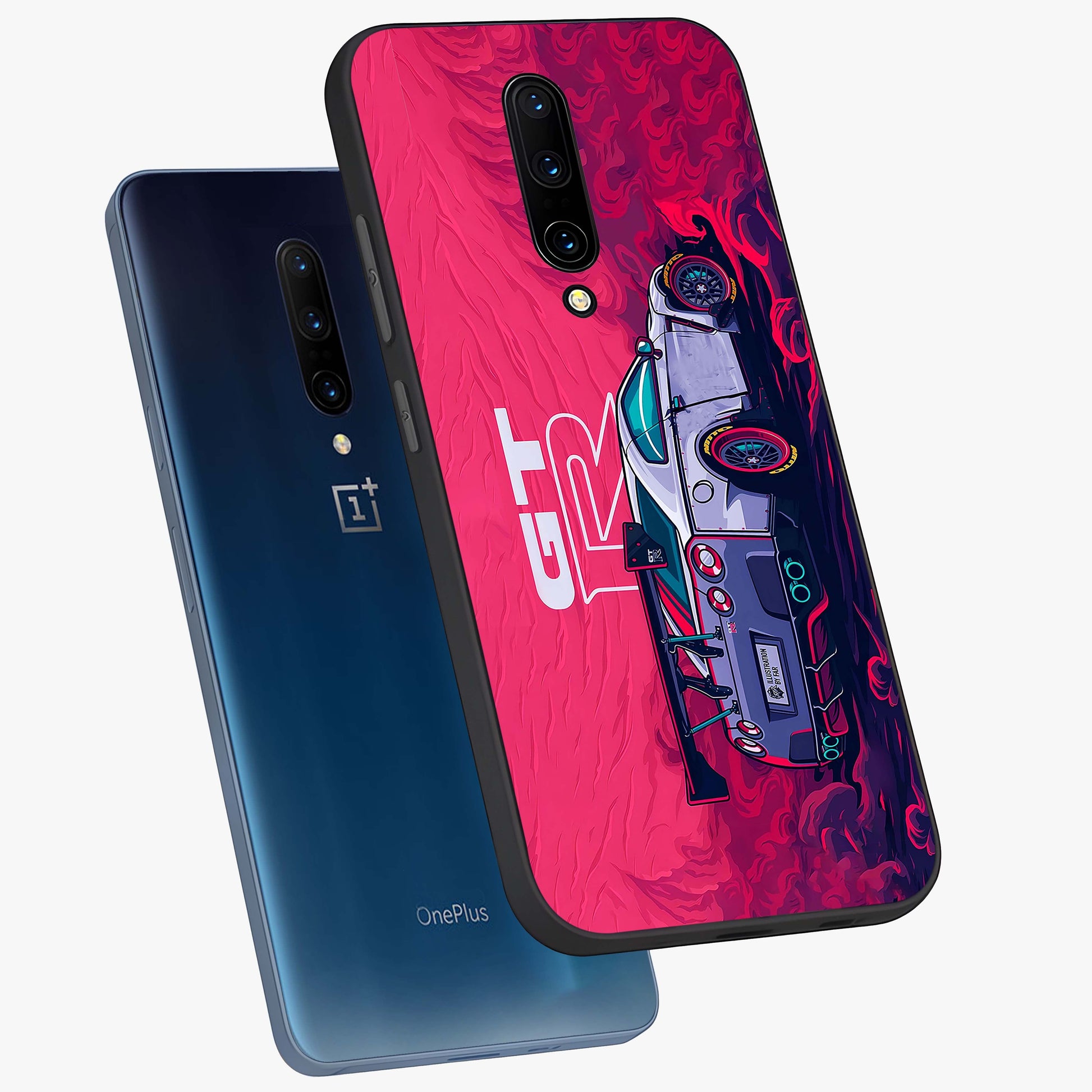 GT-R Car Pattern Glass Case displayed in angled mockup highlighting racing car graphic design with bold automotive aesthetic.
