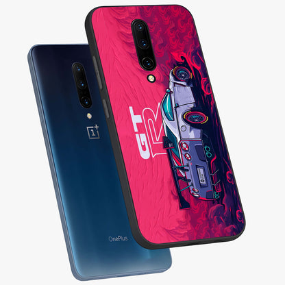 GT-R Car Pattern Glass Case displayed in angled mockup highlighting racing car graphic design with bold automotive aesthetic.