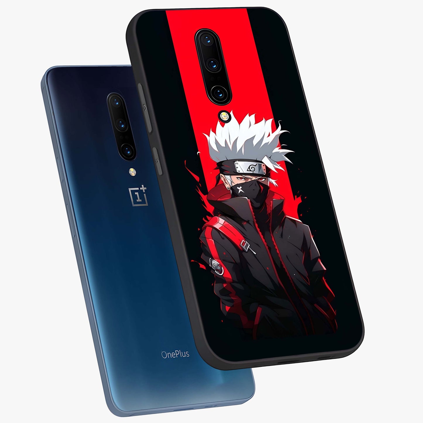 Kakashi Scarlet Shadow Glass Case displayed in angled mockup highlighting dramatic ninja illustration with scarlet themed aesthetic.