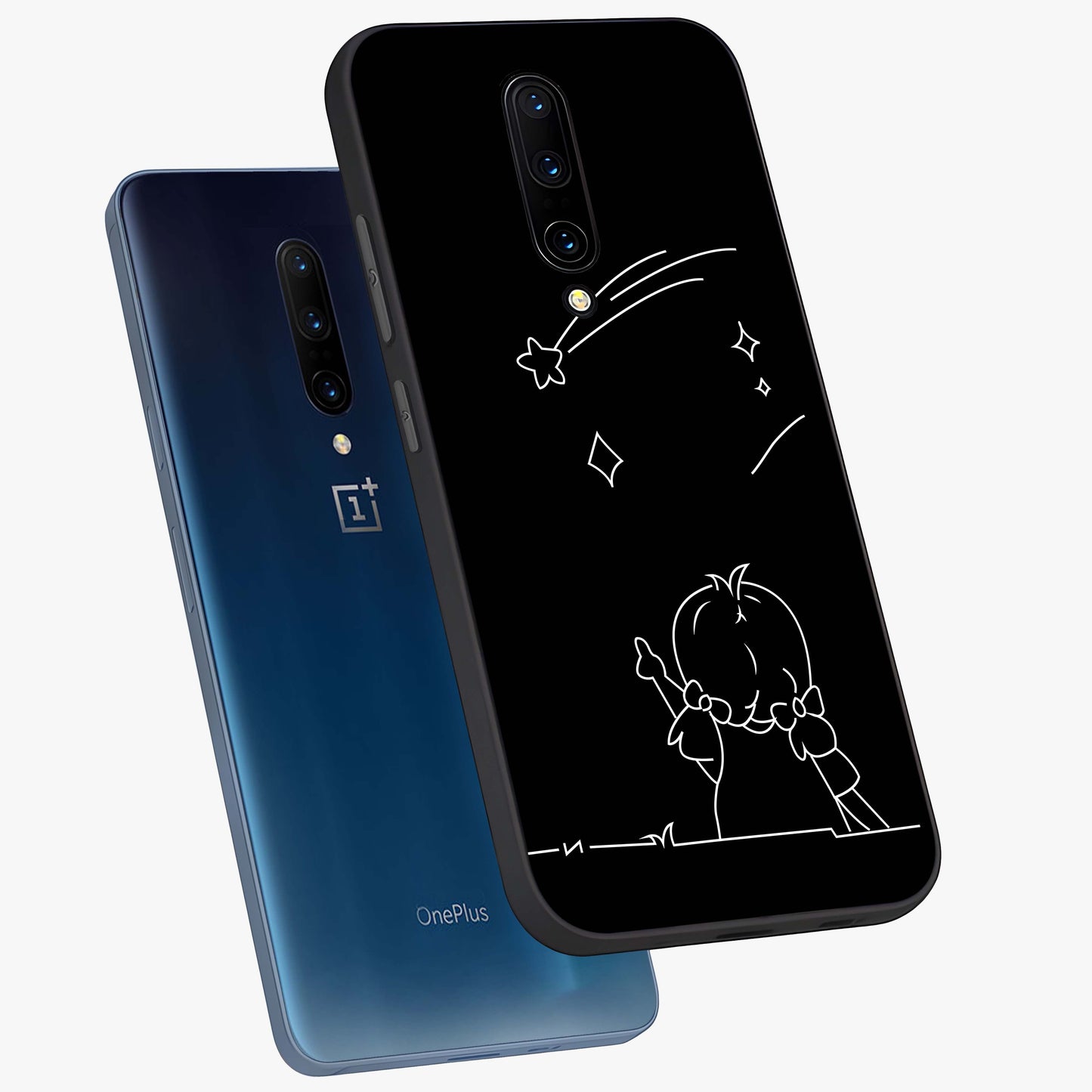 Line Art Girl With Shooting Stars Glass Case displayed in angled mockup highlighting elegant line art design with dreamy star aesthetic.