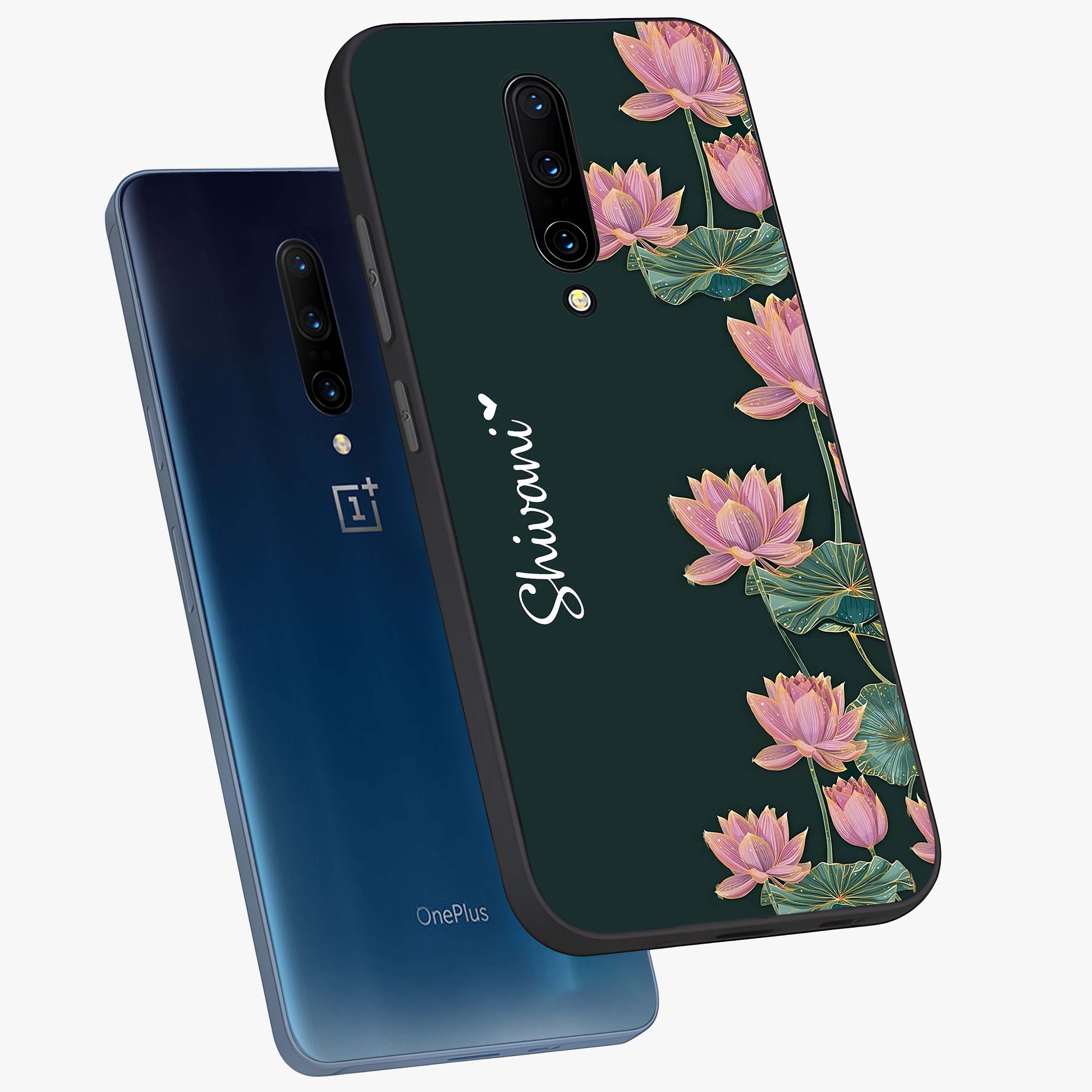 Lotus Bloom Serenity Custom Name Glass Case displayed in angled mockup highlighting graceful lotus illustration with custom name feature.