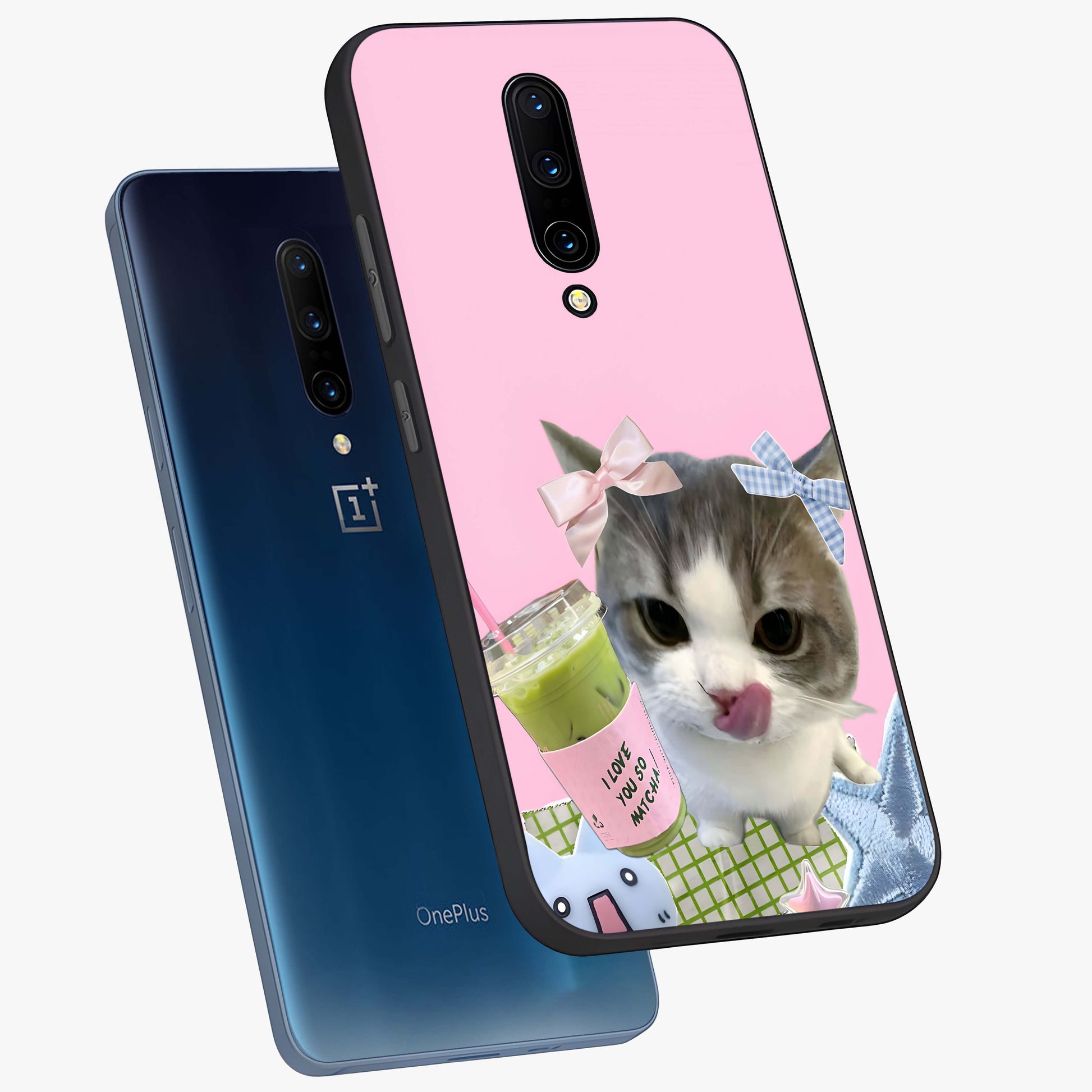 Love Matcha Cat Glass Case displayed in angled mockup highlighting playful feline illustration with cozy matcha aesthetic.