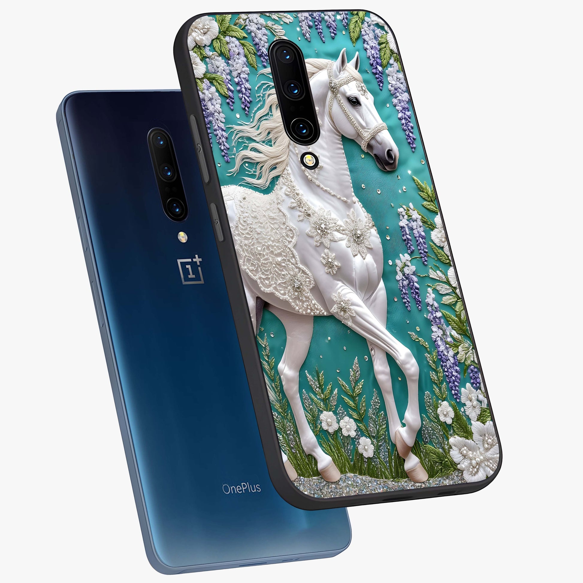 Majestic Floral Stallion Glass Case displayed in angled mockup highlighting majestic stallion illustration with elegant floral aesthetic.