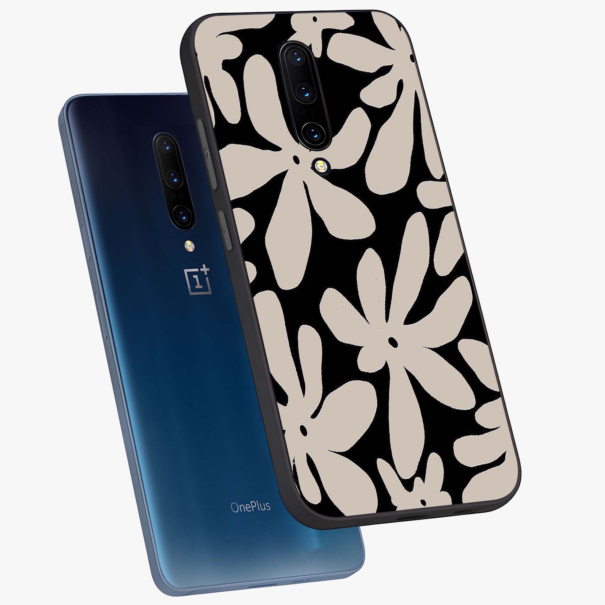 Monochrome Petal Dance Glass Case displayed in angled mockup highlighting elegant petal design with black and white aesthetic.