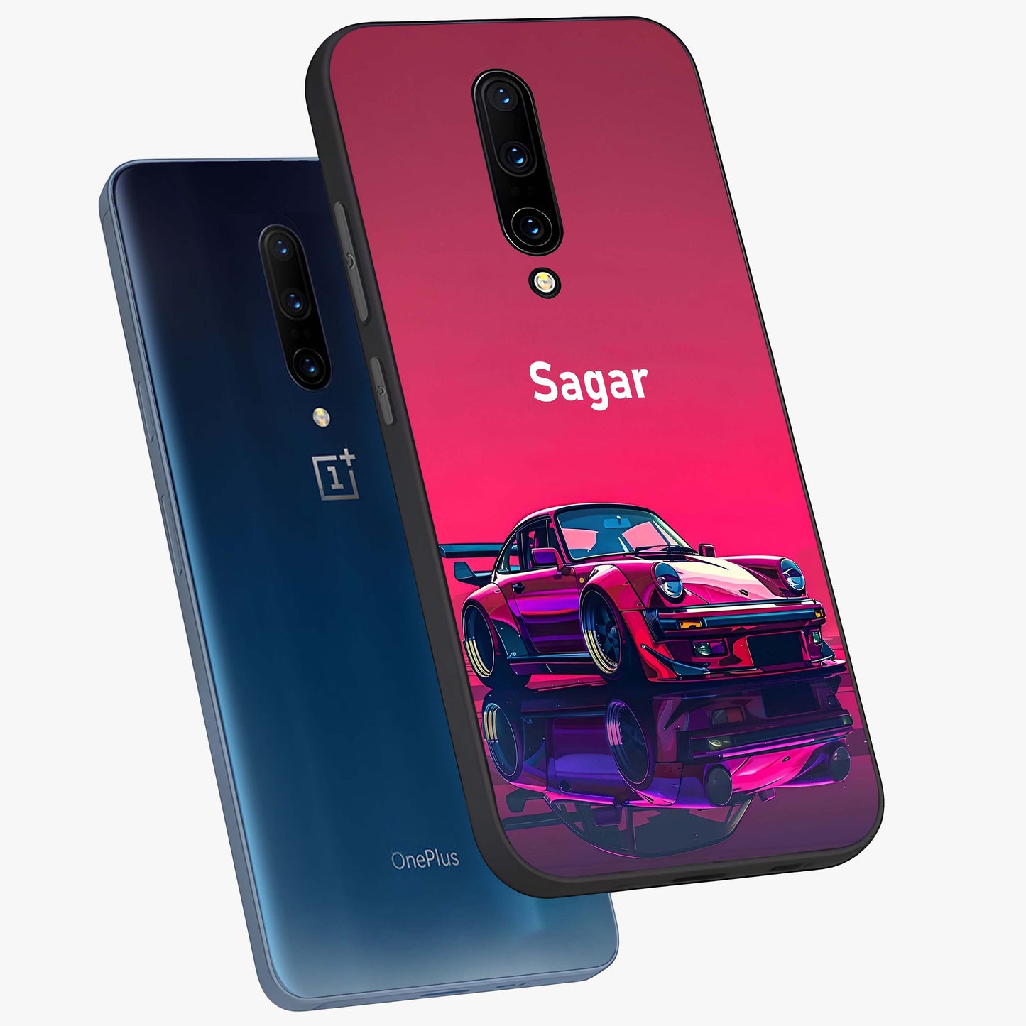 Neon Pink Porsche Glass Case displayed in angled mockup highlighting sleek neon pink car design with racing aesthetic.