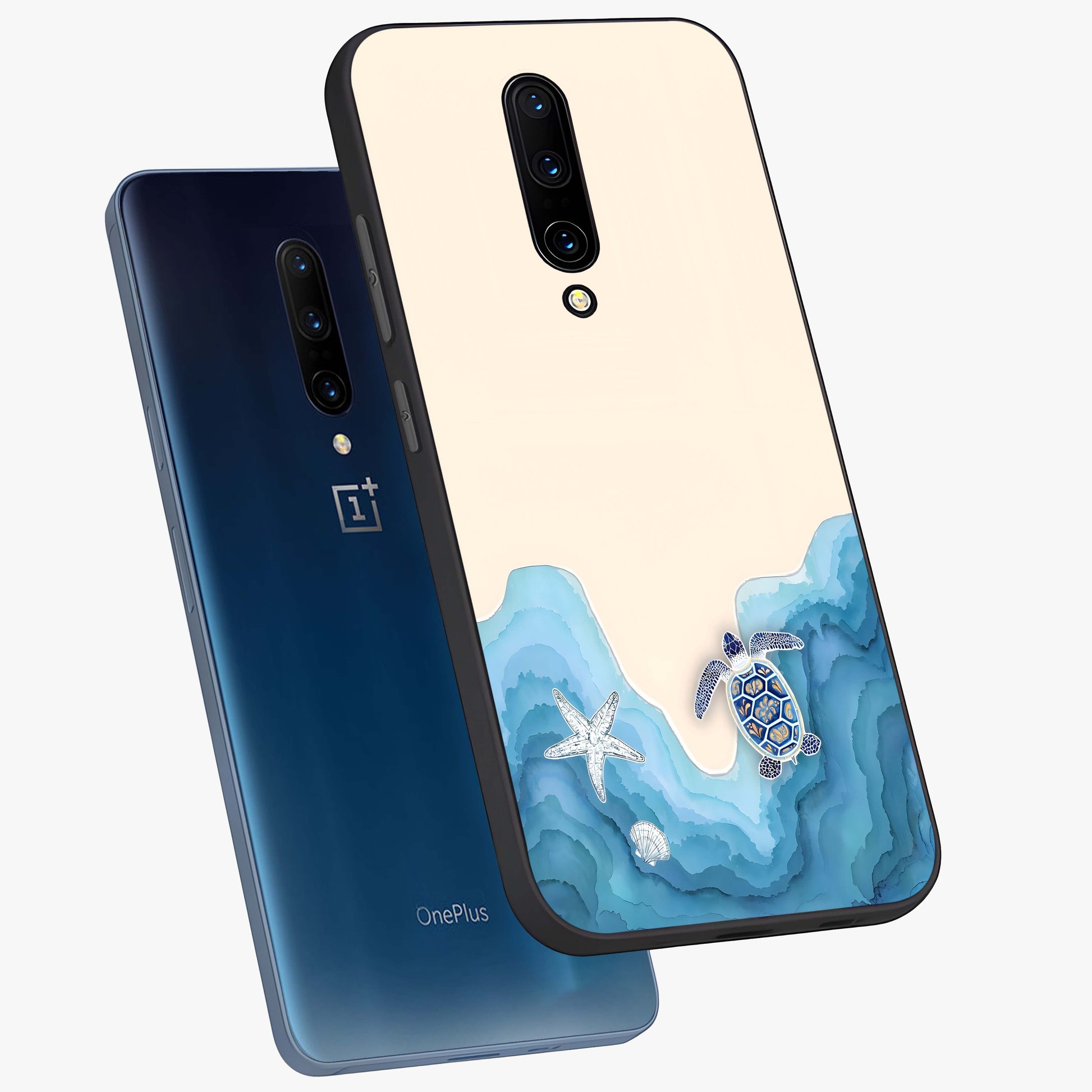 Ocean Drift Turtle Glass Case displayed in angled mockup highlighting peaceful ocean turtle illustration with marine aesthetic.