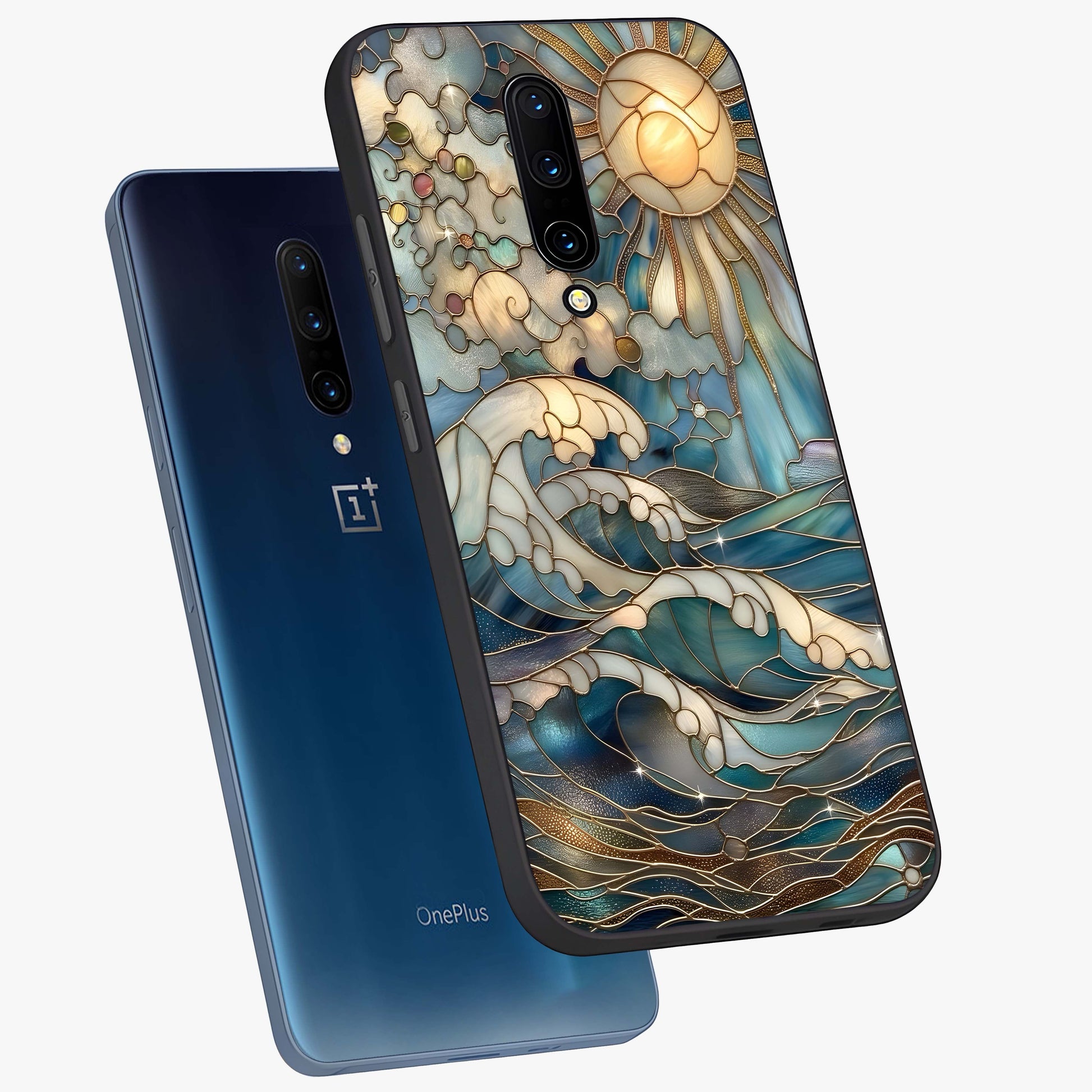 Oceanic Stained Printed Glass Case displayed in angled mockup highlighting colorful aquatic design with artistic aesthetic style.