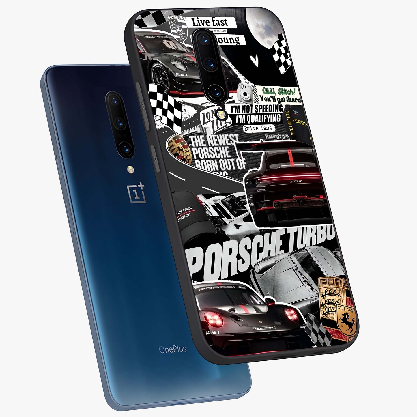 Porsche Racing Collage Glass Case displayed in angled mockup highlighting dynamic automotive design with bold racing aesthetic.
