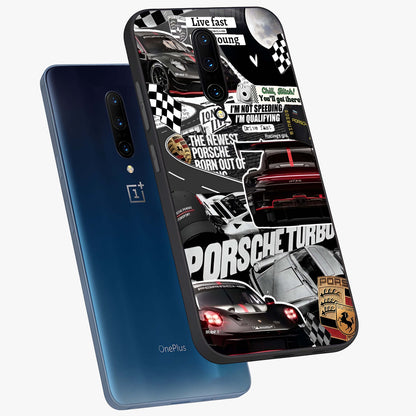 Porsche Racing Collage Glass Case displayed in angled mockup highlighting dynamic automotive design with bold racing aesthetic.