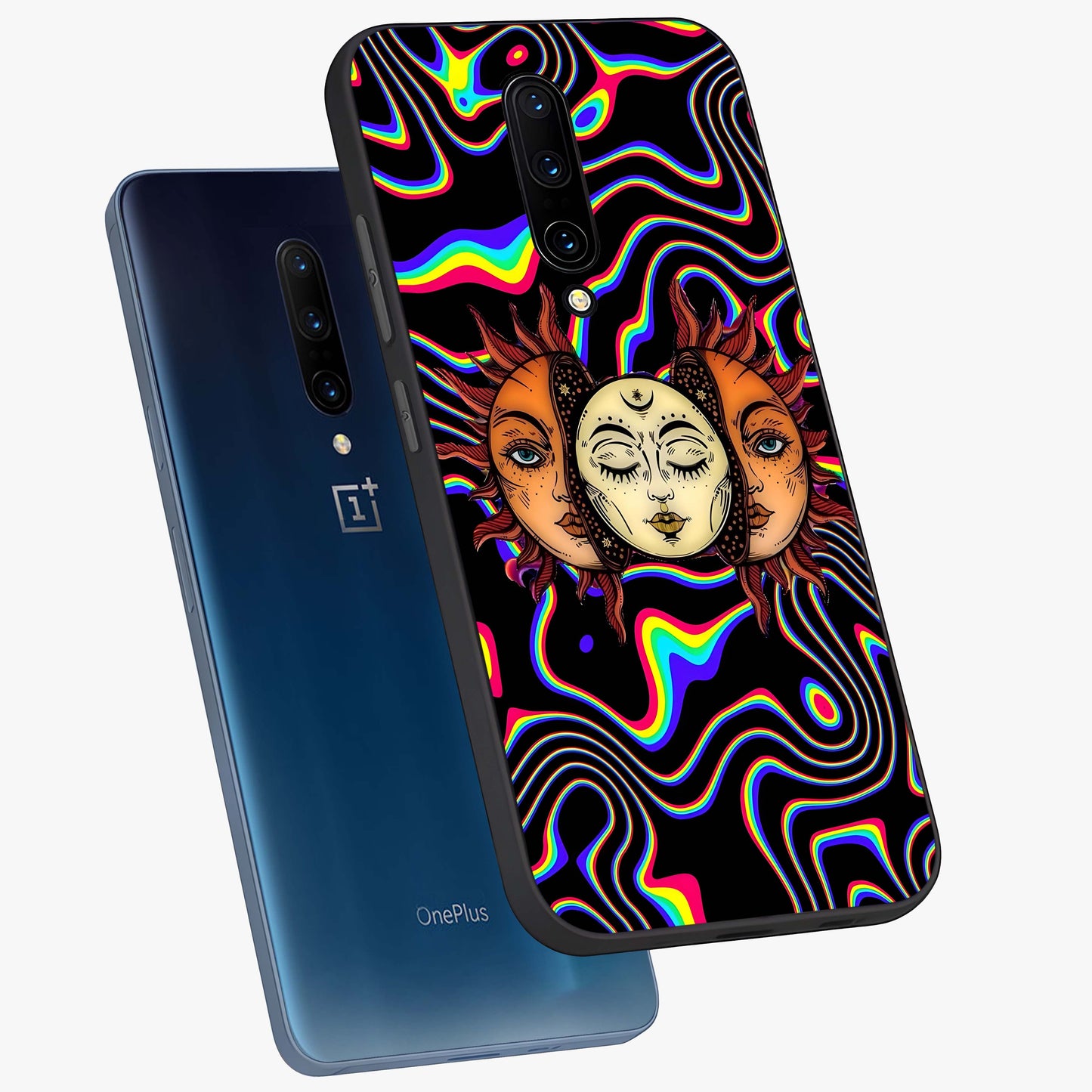 Psychedelic Sun Glass Case displayed in angled mockup highlighting vibrant abstract sun design with artistic aesthetic style.