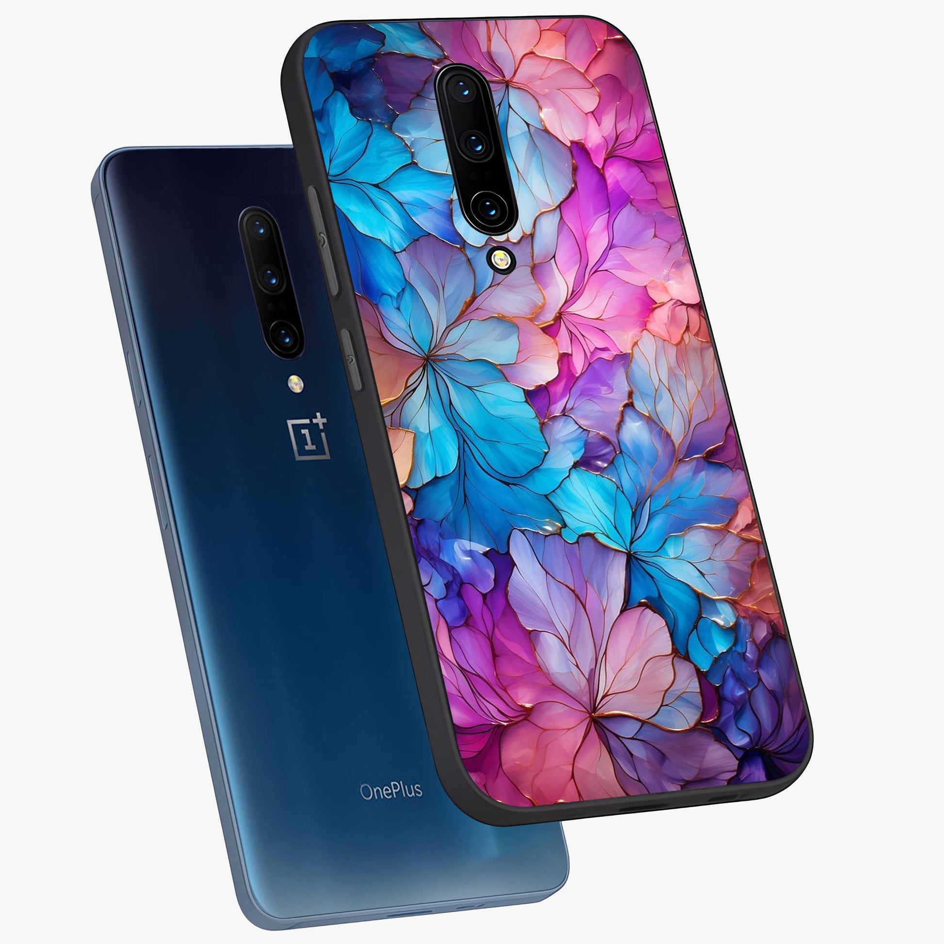 Radiant Floral Whirl Glass Case displayed in angled mockup highlighting vibrant flower pattern with dynamic artistic aesthetic.
