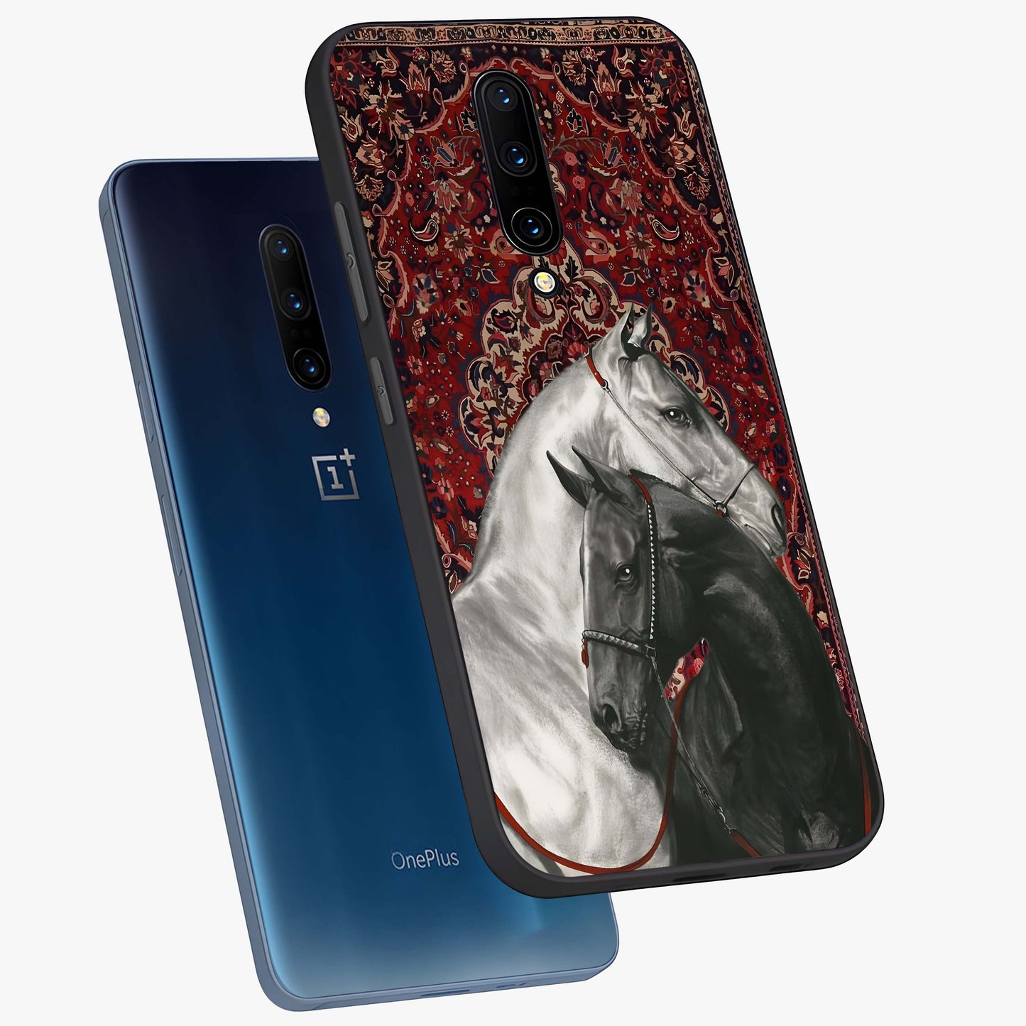 Regal Stallion Tapestry Glass Case displayed in angled mockup highlighting royal stallion design with decorative heritage aesthetic.