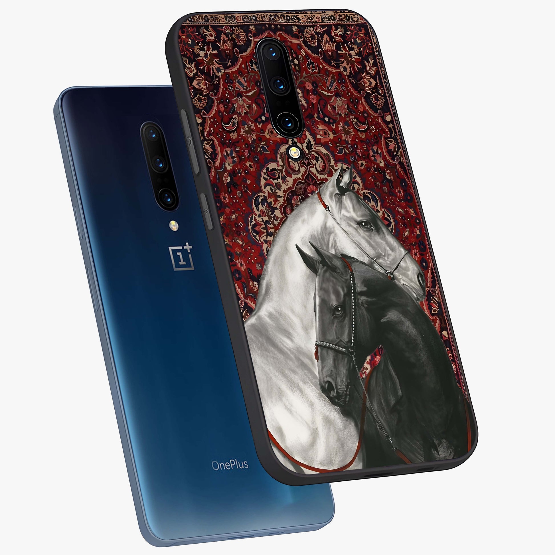 Regal Stallion Tapestry Glass Case displayed in angled mockup highlighting royal stallion design with decorative heritage aesthetic.