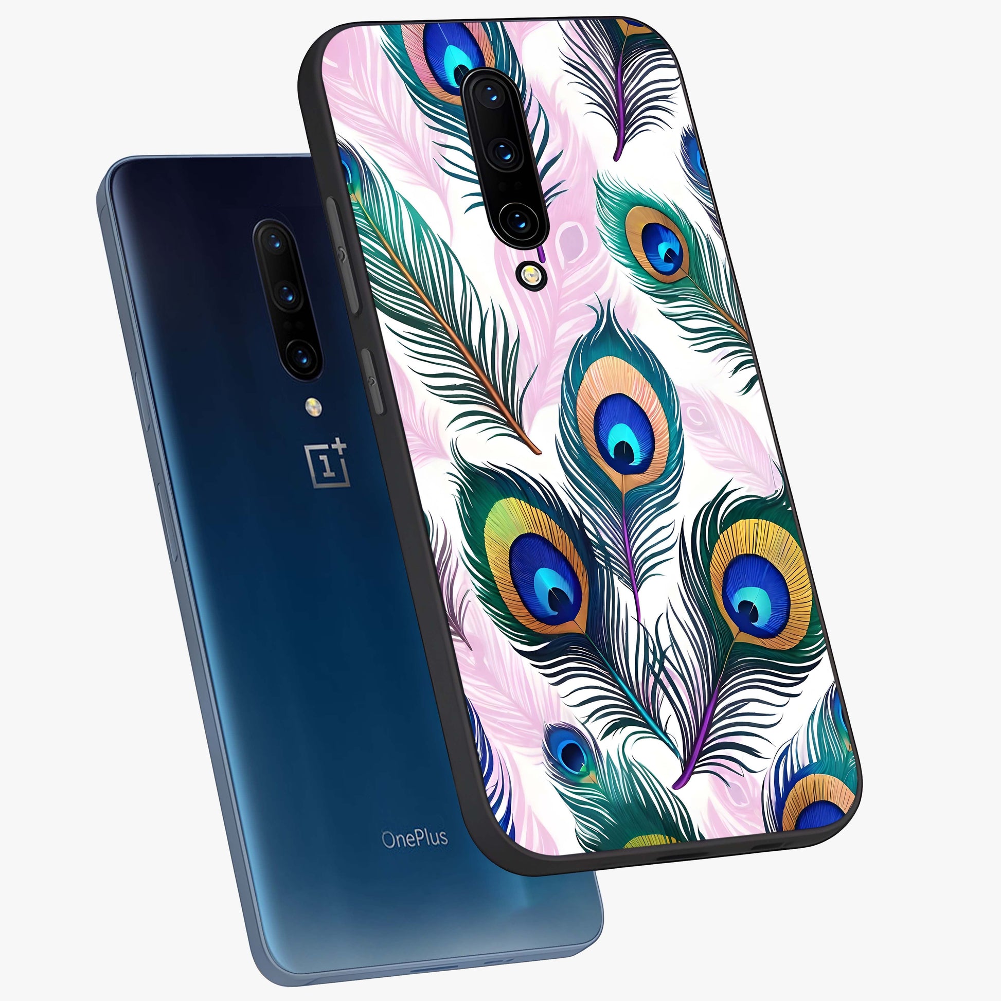 Royal Peacock Feathers Glass Case displayed in angled mockup highlighting vibrant feather pattern with regal aesthetic style.