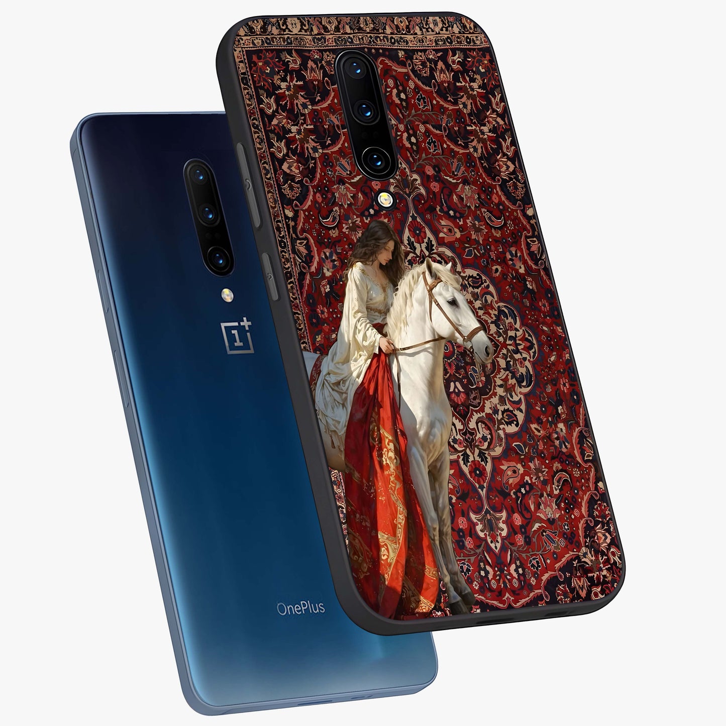 Royal Rider Tapestry Glass Case displayed in angled mockup highlighting traditional tapestry design with royal heritage aesthetic.