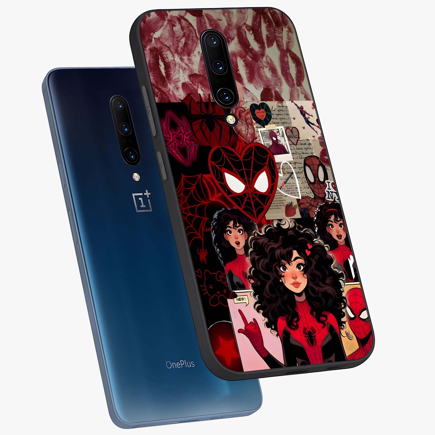 Spider Love Story Glass Case displayed in angled mockup highlighting expressive comic inspired design with playful aesthetic.