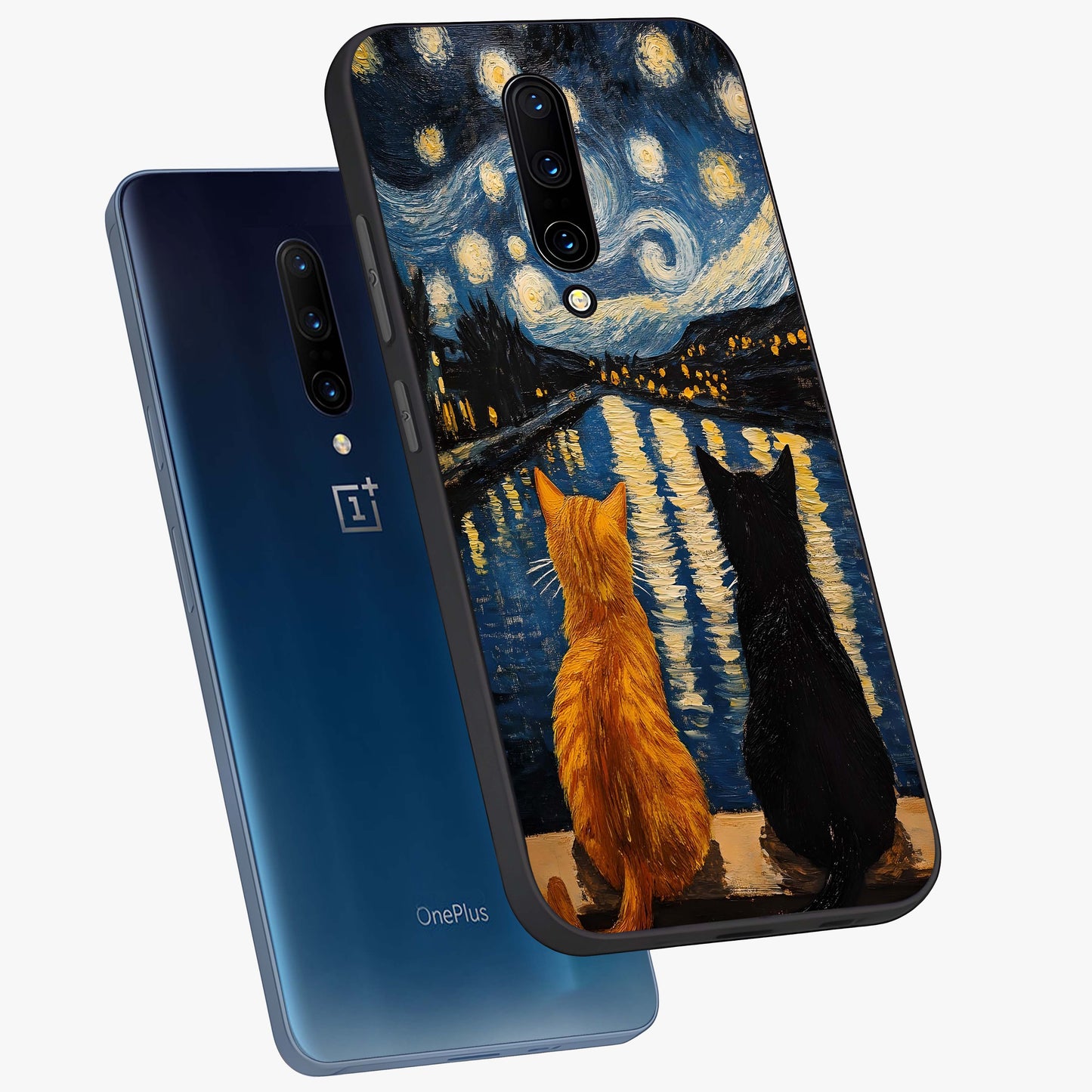 Starry River Cats Glass Case displayed in angled mockup highlighting charming feline illustration with dreamy night aesthetic.