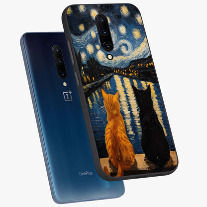 Starry River Cats Glass Case displayed in angled mockup highlighting charming feline illustration with dreamy night aesthetic.