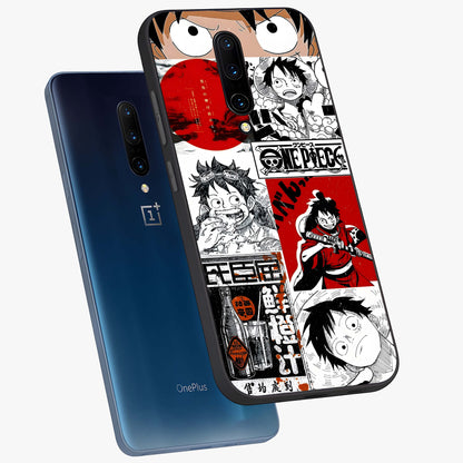 Strawhat Chaos Panels Glass Case displayed in angled mockup highlighting vibrant anime collage design with action aesthetic.