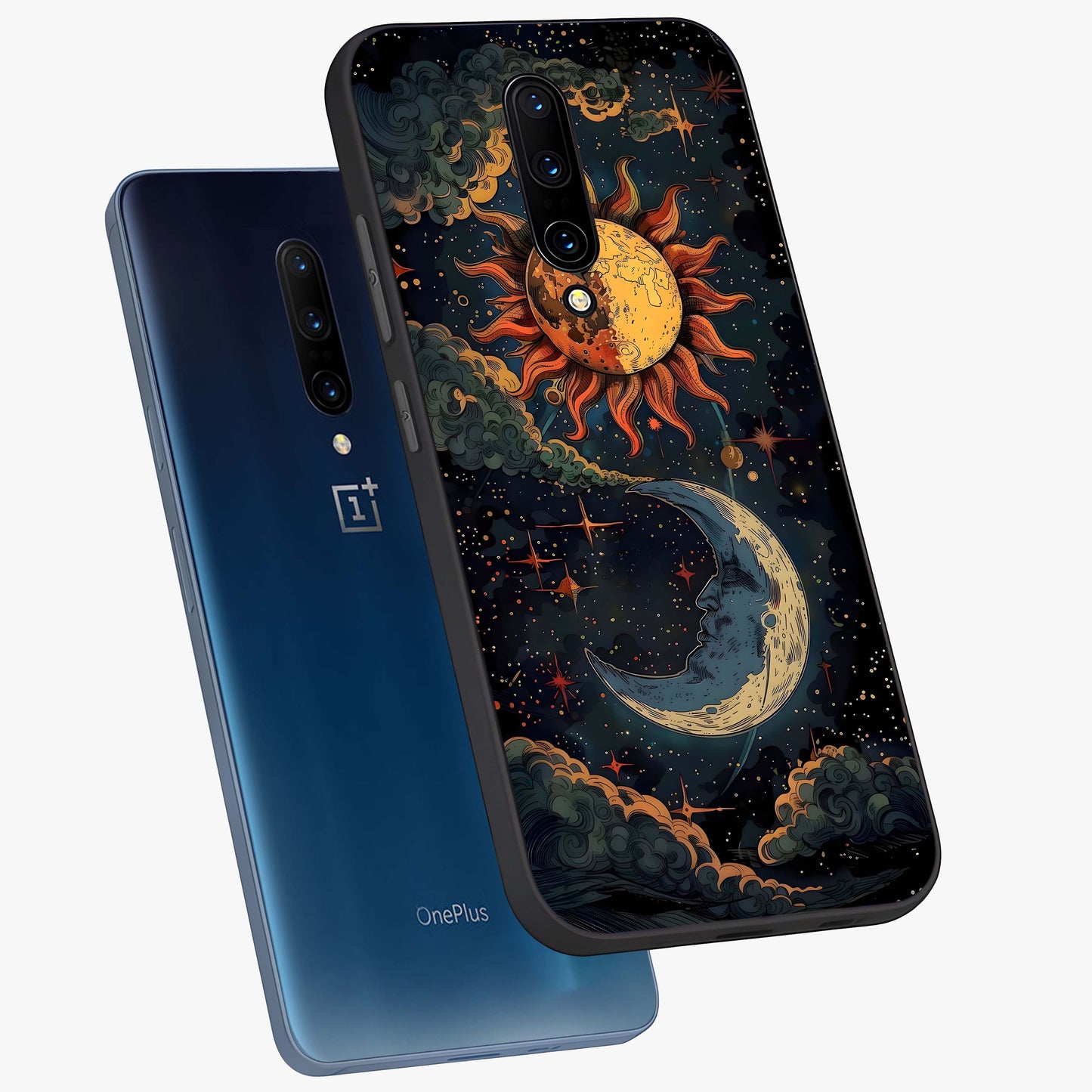 Sun And Moon Magic Design Glass Case displayed in angled mockup highlighting celestial design with magical cosmic aesthetic.