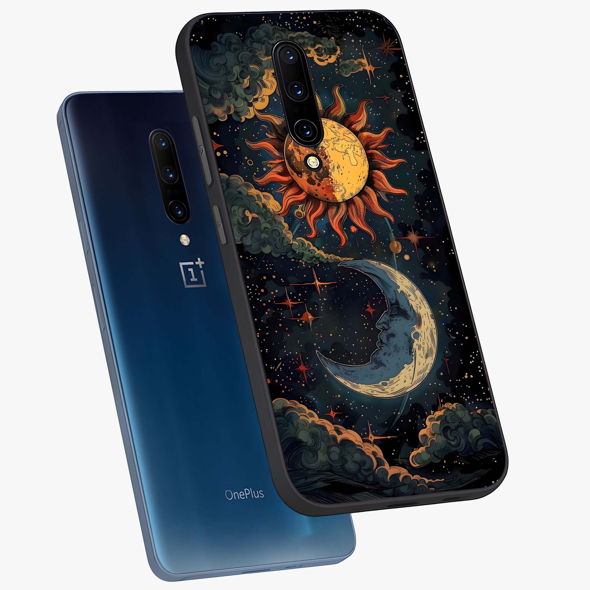 Sun And Moon Magic Design Glass Case displayed in angled mockup highlighting celestial design with magical cosmic aesthetic.