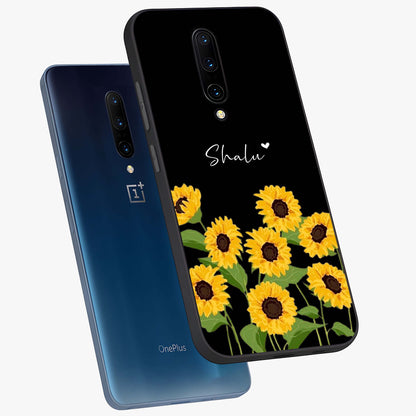Sunflower Chic Mood Custom Name Glass Case displayed in angled mockup highlighting vibrant sunflower design with custom name feature.