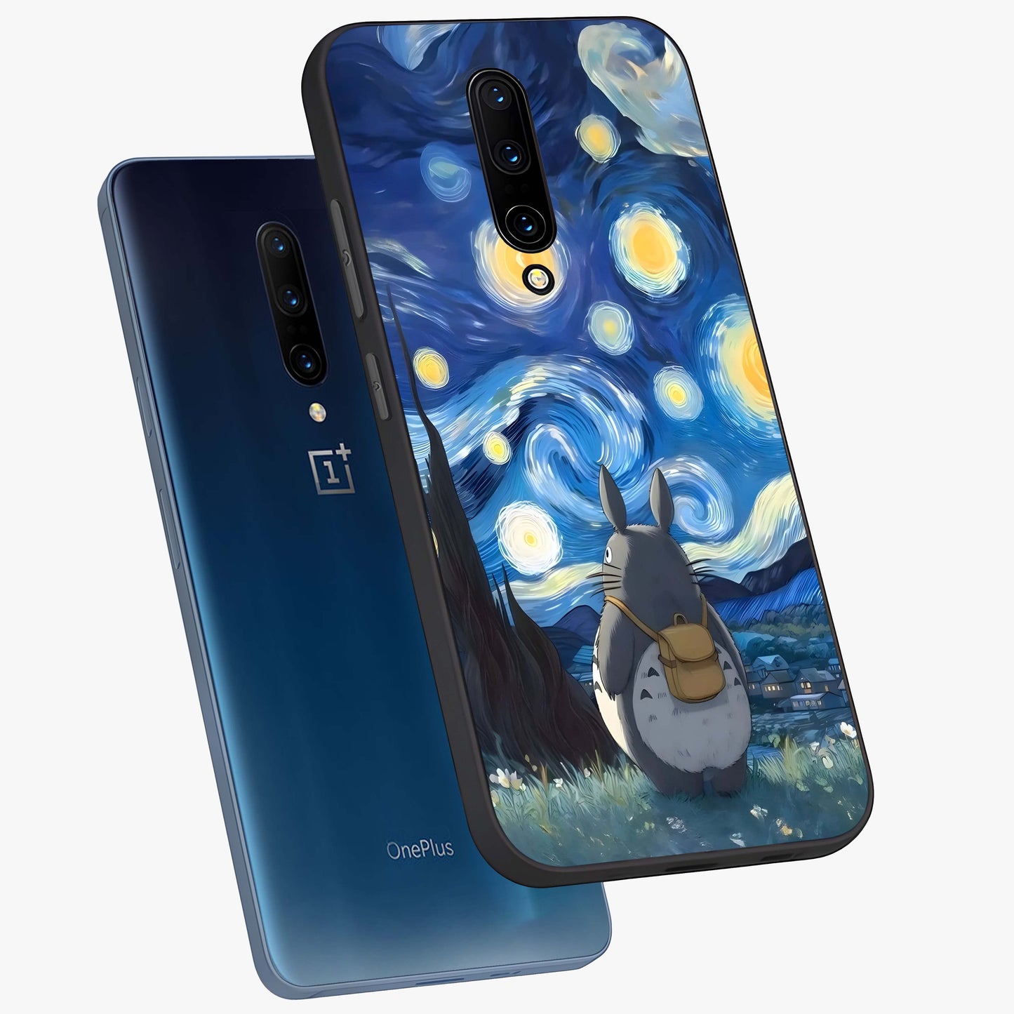 Totoro In Van Gogh Art Glass Case displayed in angled mockup highlighting artistic swirling sky design with playful animation aesthetic.