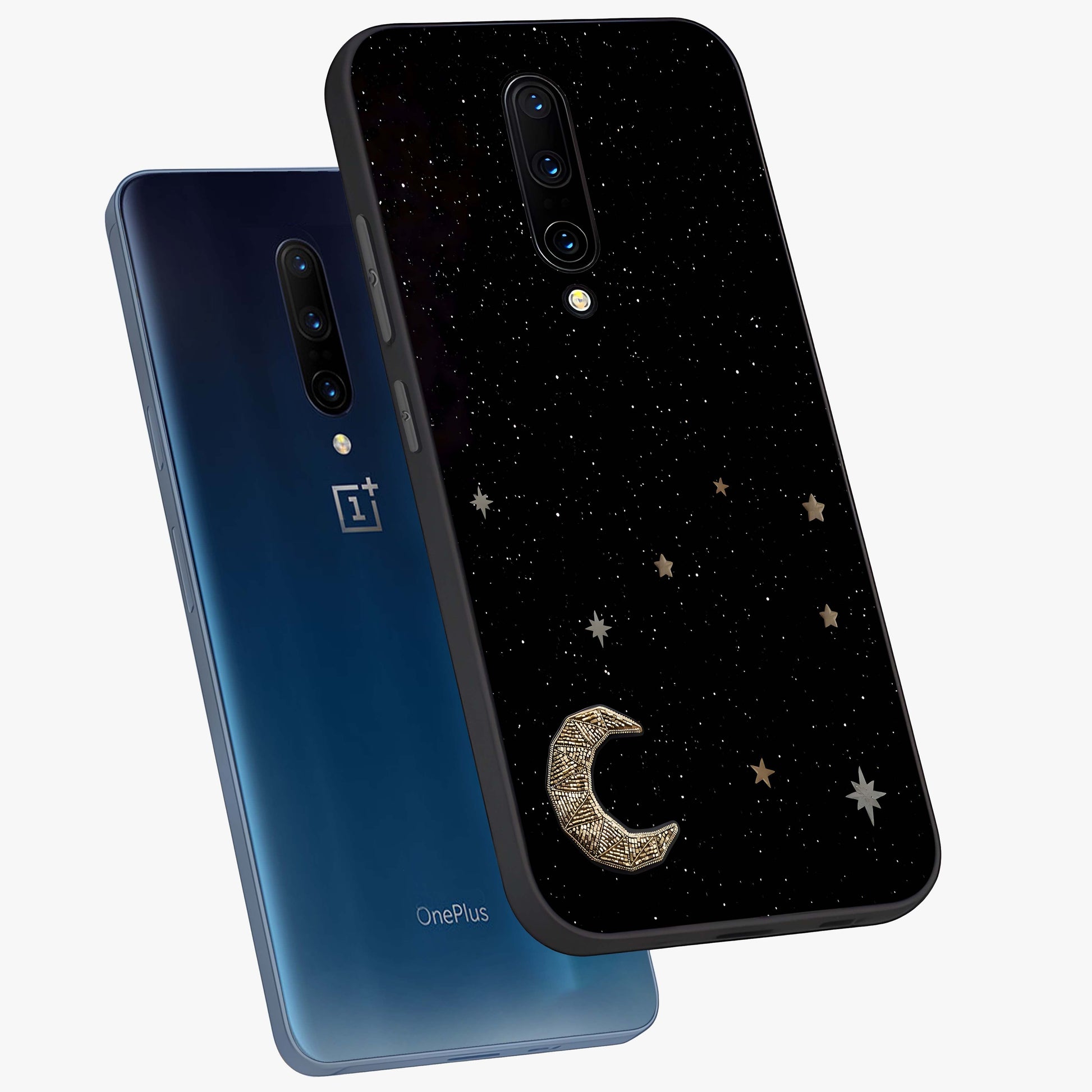 Twinkle Star With Half Moon Glass Case displayed in angled mockup highlighting celestial moon and star design with magical aesthetic.
