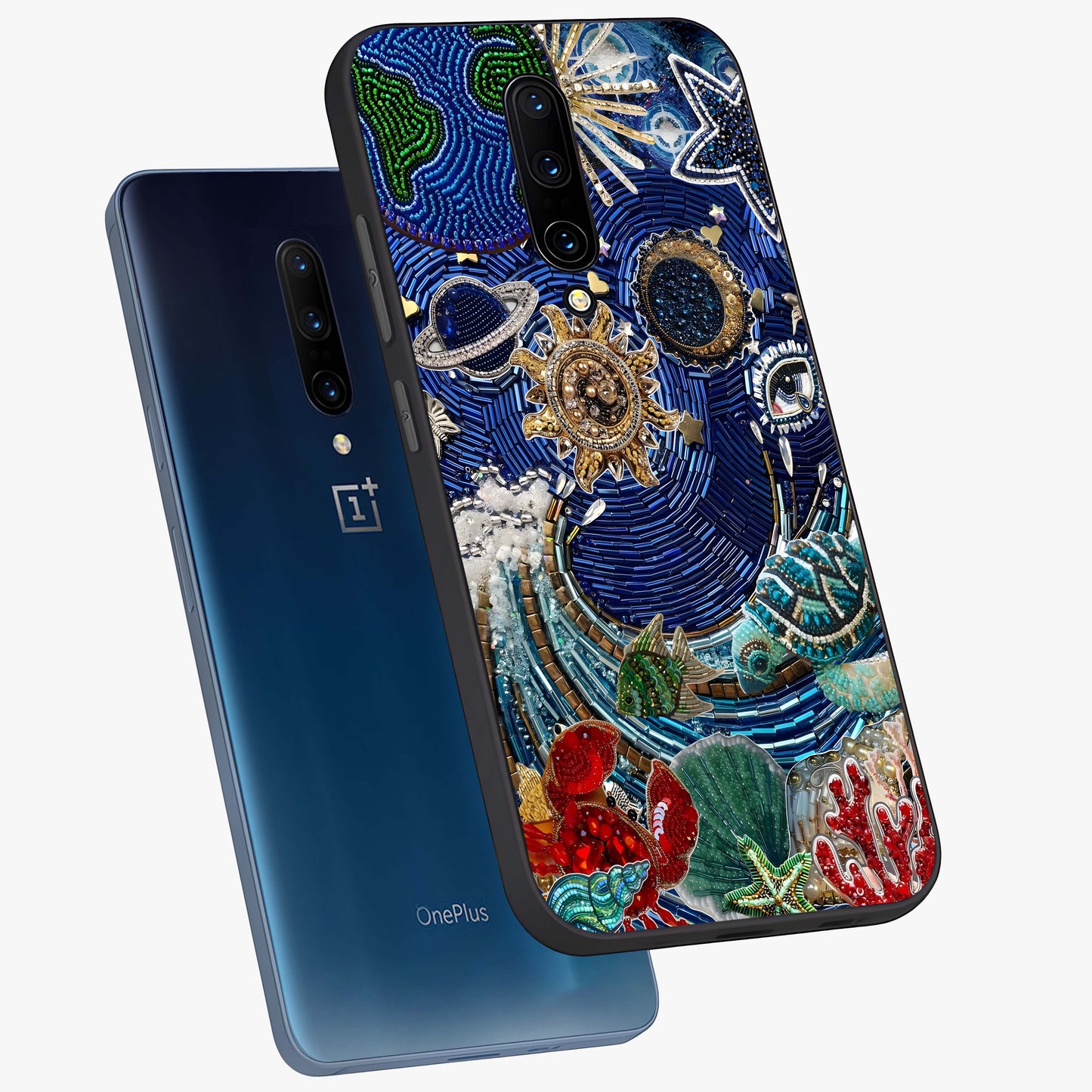 Universe Underwater Spark Glass Case displayed in angled mockup highlighting glowing aquatic design with celestial aesthetic.