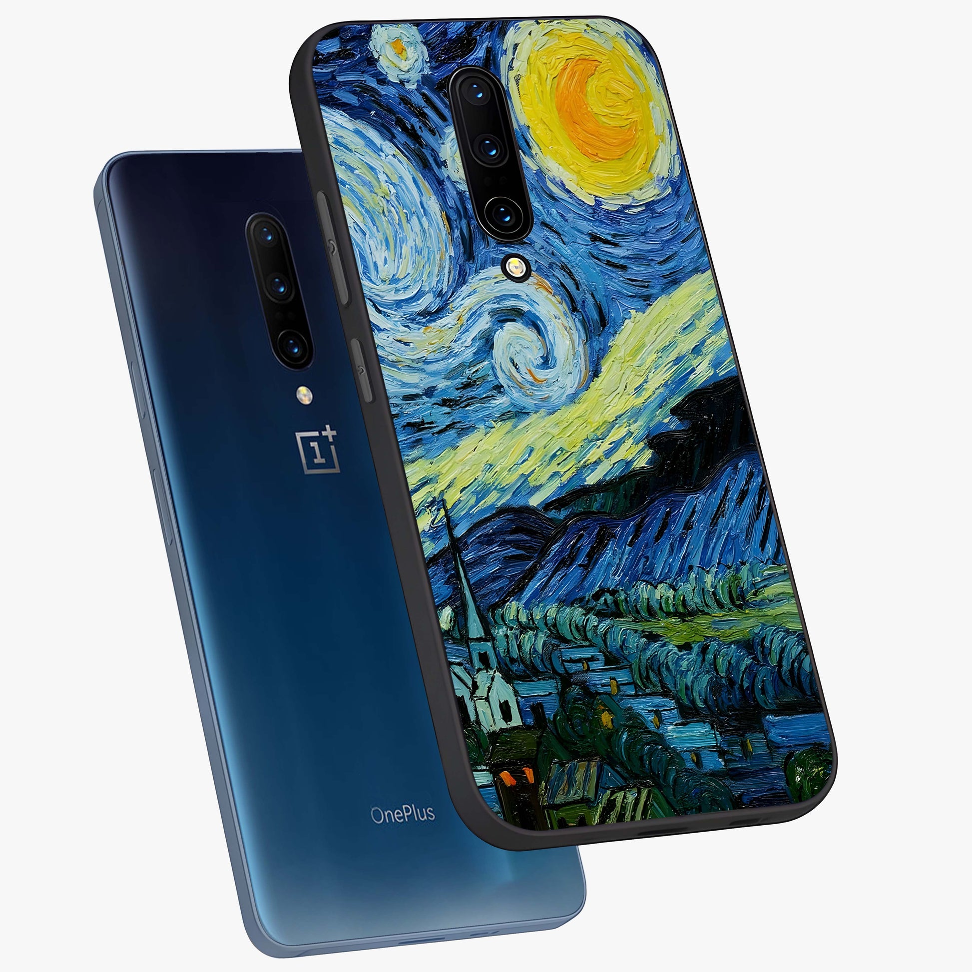 Van Gogh Art Glass Case displayed in angled mockup highlighting swirling brushstroke design with artistic aesthetic.