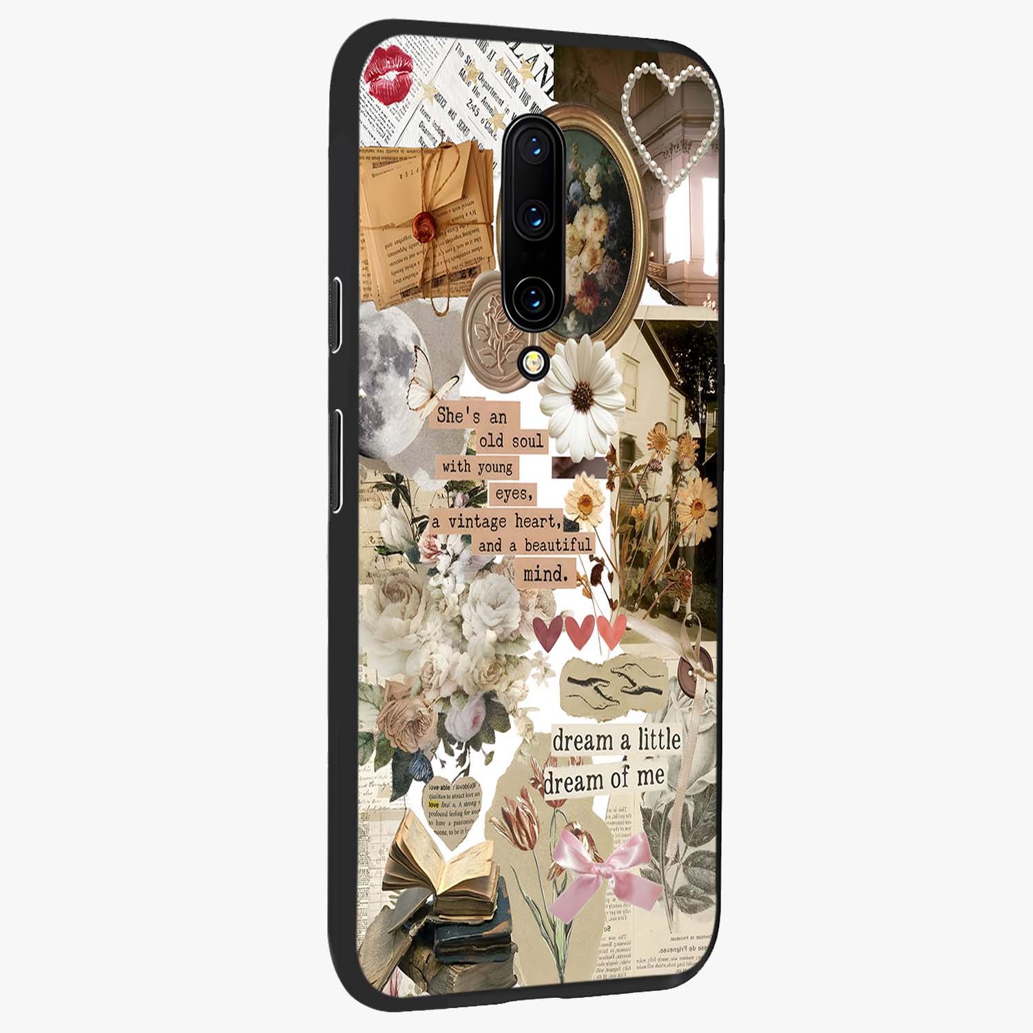 Aesthetic Brown Vintage Collage Glass Case upright view showcasing nostalgic retro artwork with stylish vintage theme.