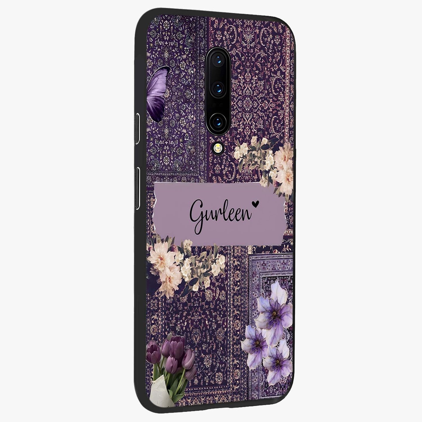Antique Floral Whisper Custom Name Glass Case upright view showcasing delicate floral artwork with custom name feature.