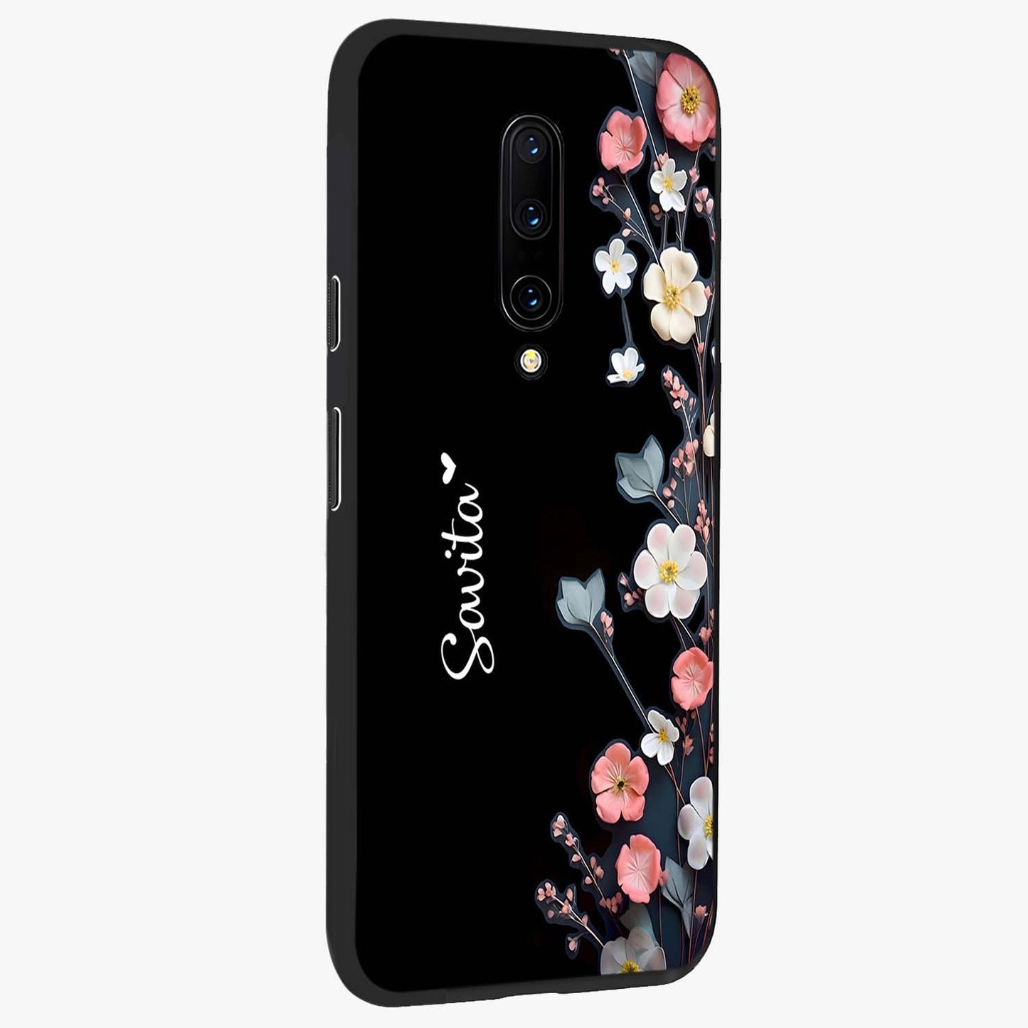 Black Elegance Floral Custom Name Glass Case upright view showcasing luxurious black floral design with personalized name detail.