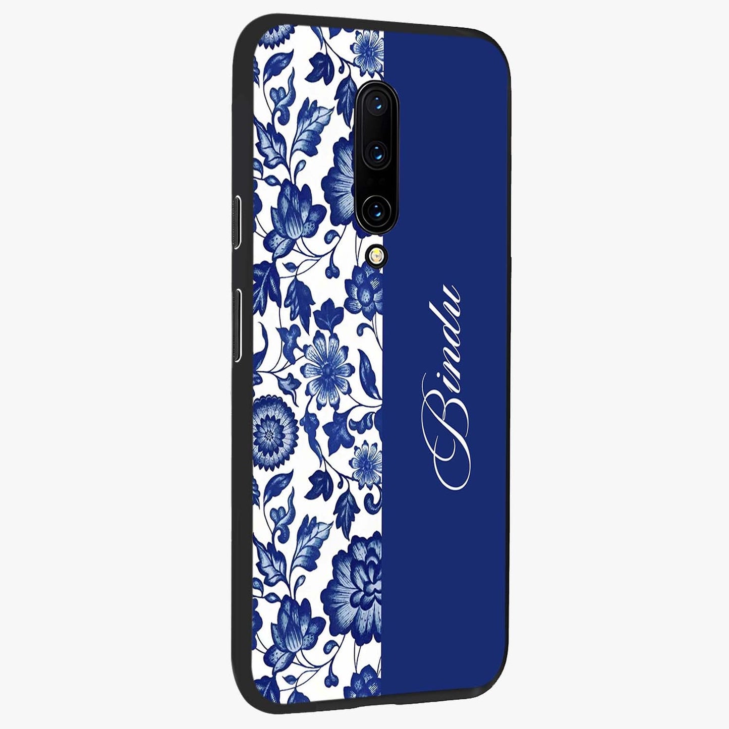 Blue Vintage Floral Pattern Glass Case upright view showcasing delicate blush floral texture with modern minimal style.