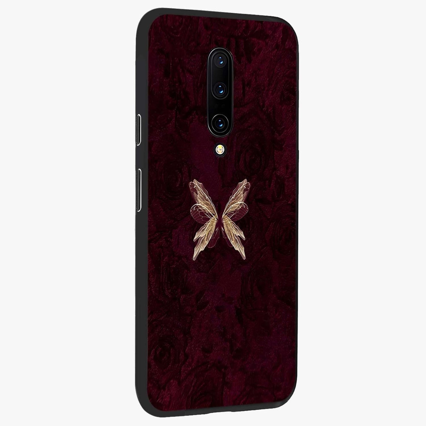Crimson Fade Butterfly Glass Case upright view showcasing graceful butterfly artwork with soft crimson fade effect.