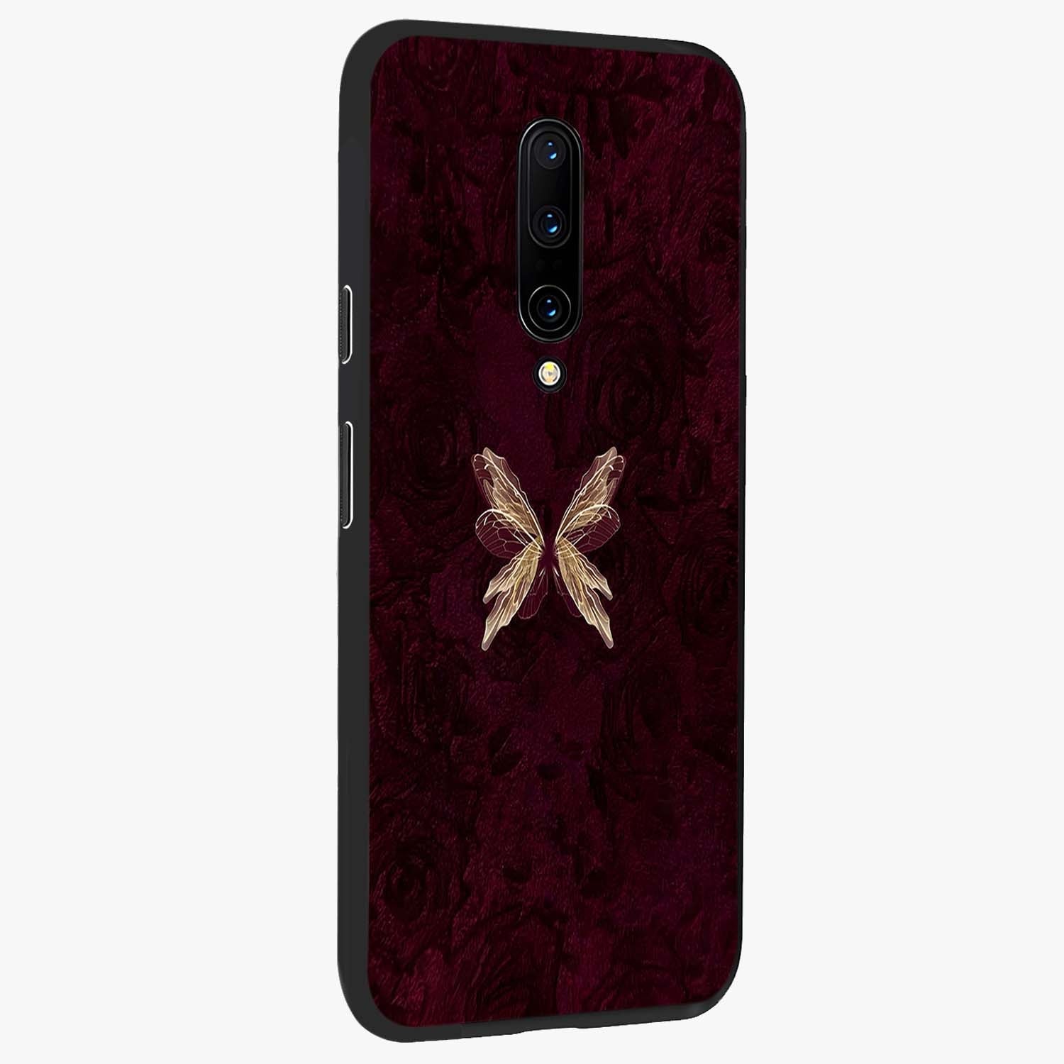 Crimson Fade Butterfly Glass Case upright view showcasing graceful butterfly artwork with soft crimson fade effect.