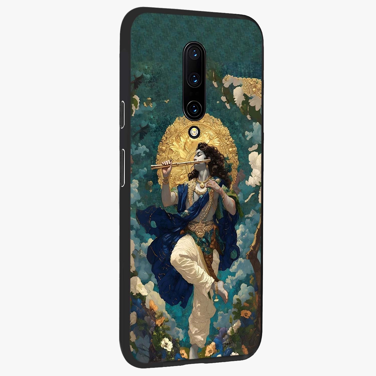 Divine Krishna Art Glass Case upright view showcasing divine Krishna artwork with sacred artistic theme.