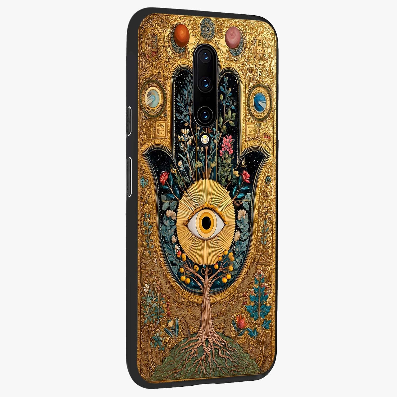 Ethereal Evil Eye Glass Case upright view showcasing celestial evil eye artwork with mystical theme.