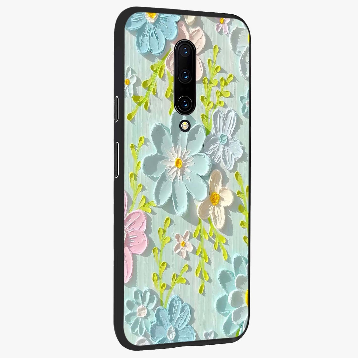 Frosted Petal Garden Glass Case upright view showcasing elegant floral garden artwork with soothing pastel theme.