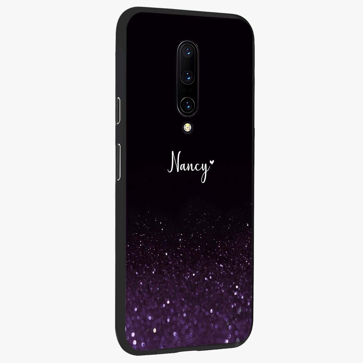 Glittery Purple Bokeh Custom Name Glass Case upright view showcasing vibrant purple sparkle artwork with personalized aesthetic style.