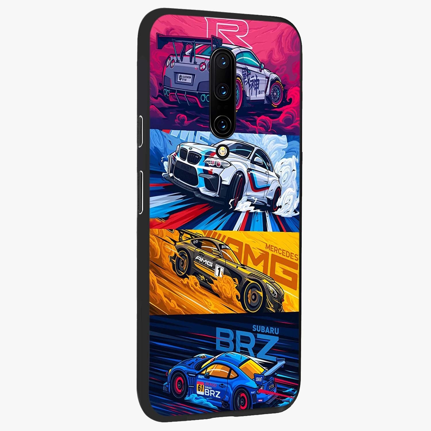 JDM Sports Car Glass Case upright view showcasing dynamic sports car artwork with bold racing theme.