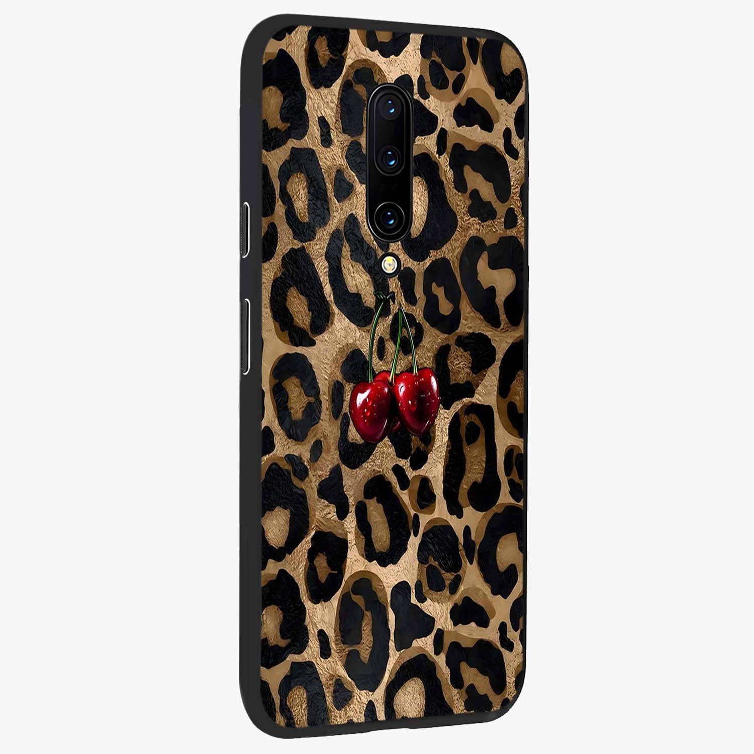 Leopard Wild Cherry Glass Case upright view showcasing stylish leopard pattern artwork with trendy fashion theme.