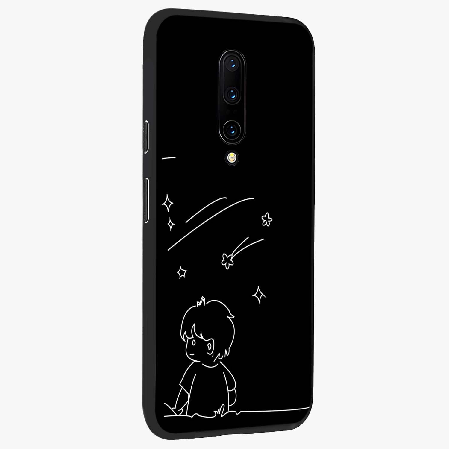 Line Art Boy With Shooting Stars Glass Case upright view showcasing artistic shooting star illustration with minimal style.