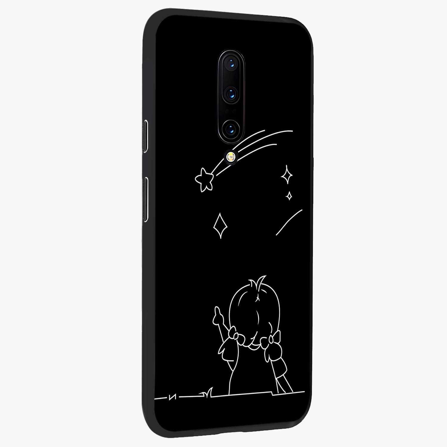 Line Art Girl With Shooting Stars Glass Case upright view showcasing delicate shooting stars artwork with minimal artistic theme.
