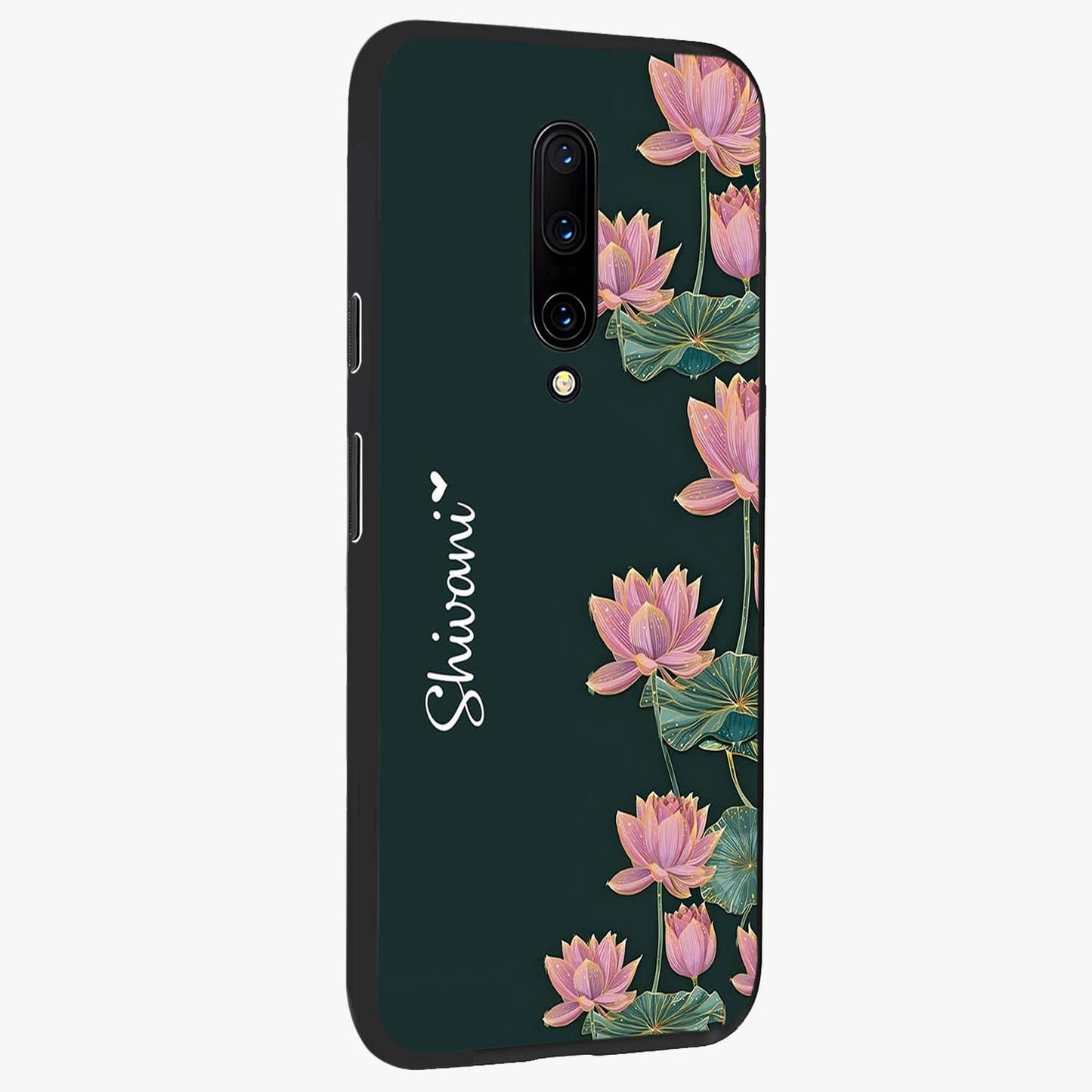 Lotus Bloom Serenity Custom Name Glass Case upright view showcasing serene lotus bloom artwork with personalized floral aesthetic.