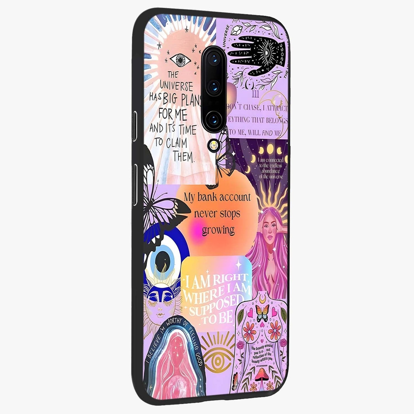 Manifestation Collage Glass Case upright view showcasing artistic manifestation themed artwork with creative style.