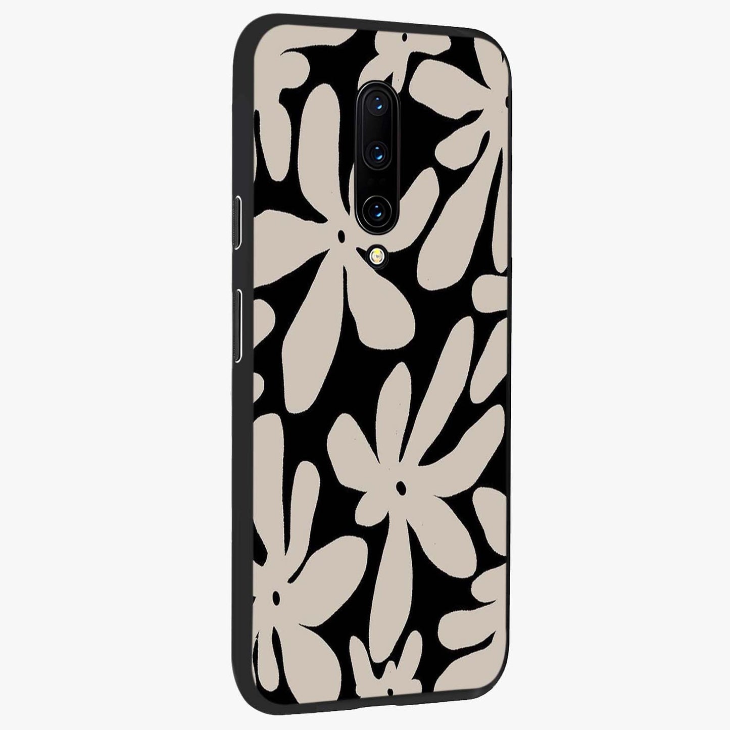 Monochrome Petal Dance Glass Case upright view showcasing artistic floral pattern with stylish monochrome theme.