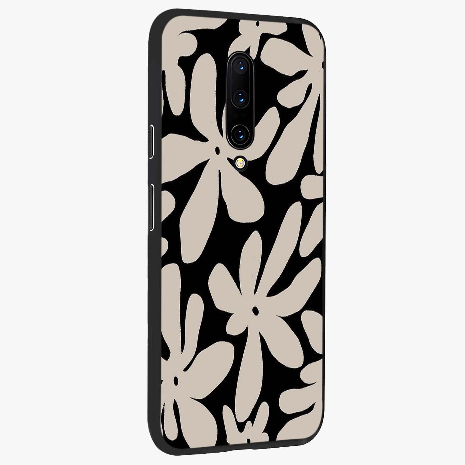 Monochrome Petal Dance Glass Case upright view showcasing artistic floral pattern with stylish monochrome theme.