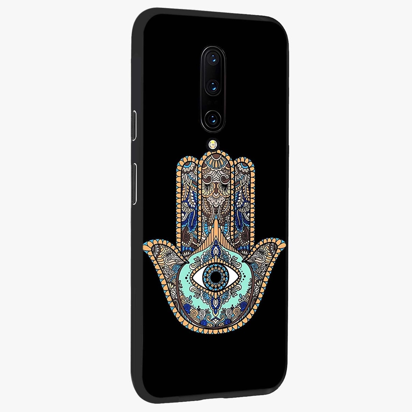 Mystic Hamsa Eye Glass Case upright view showcasing detailed hamsa eye artwork with protective spiritual theme.