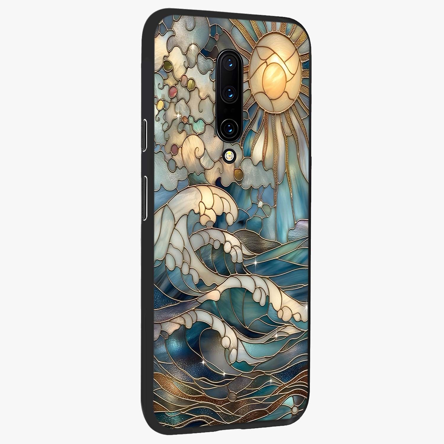 Oceanic Stained Printed Glass Case upright view showcasing decorative ocean pattern artwork with vibrant marine theme.